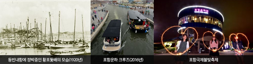 왼쪽부터 차례대로 동빈내항에 정박중인 황포돛배의 모습(1920년), 포항운하 크루즈(2016년), 포항국제불빛축제
